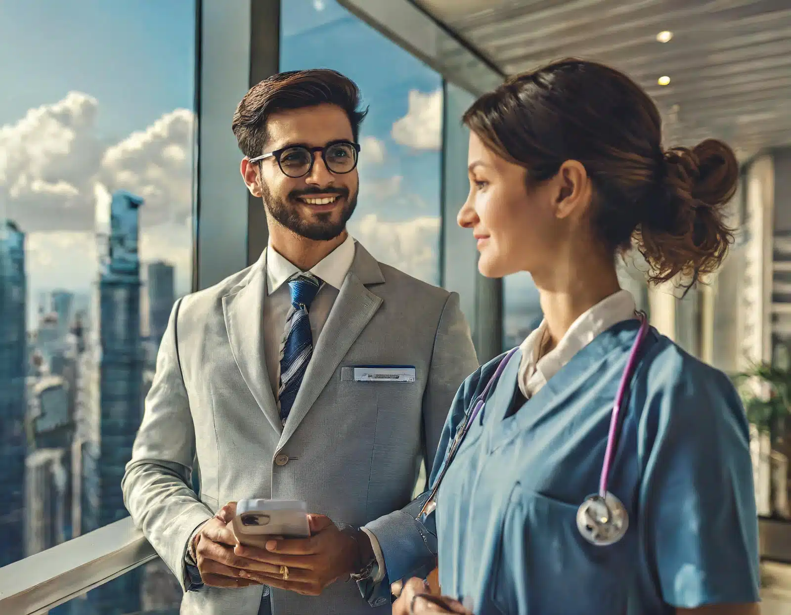 Two healthcare professionals discussing medical staffing solutions